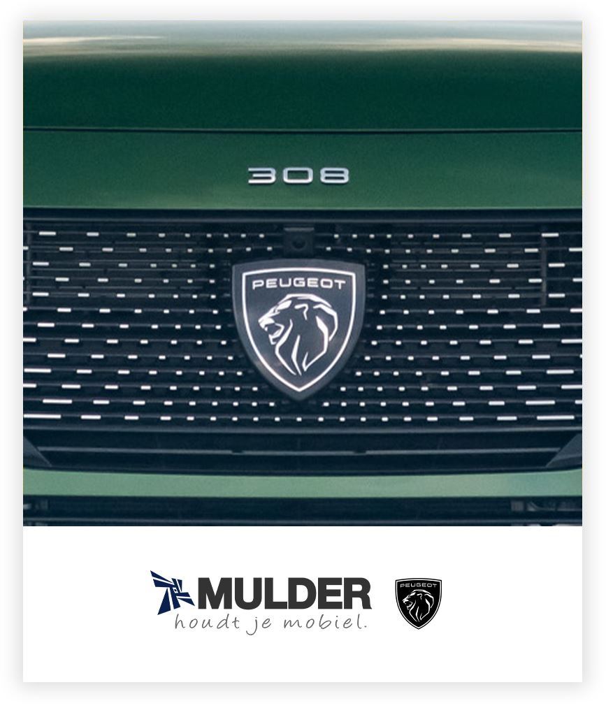 Groene Peugeot grille met Mulder logo er onder