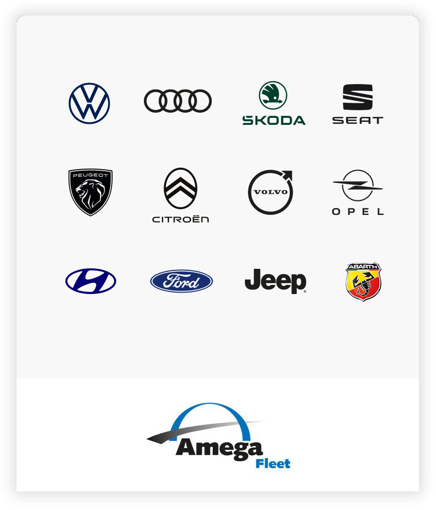 Amega Fleet logo met overzicht van alle Amega Fleet merken