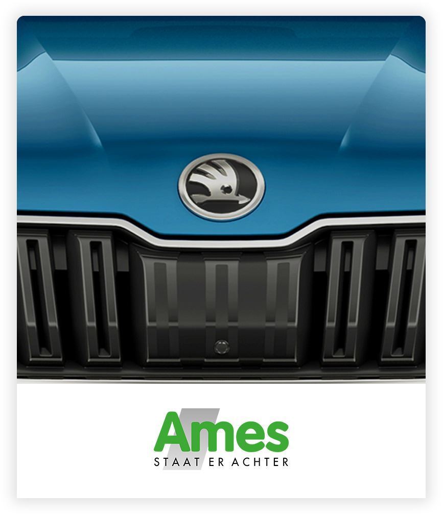 Ames Skoda logo met blauwe Skoda grille