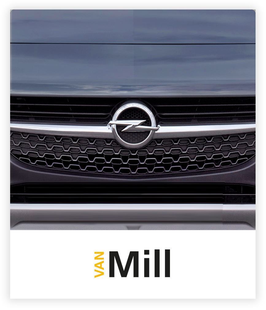 Grijze Opel grille met Van Mill logo er onder