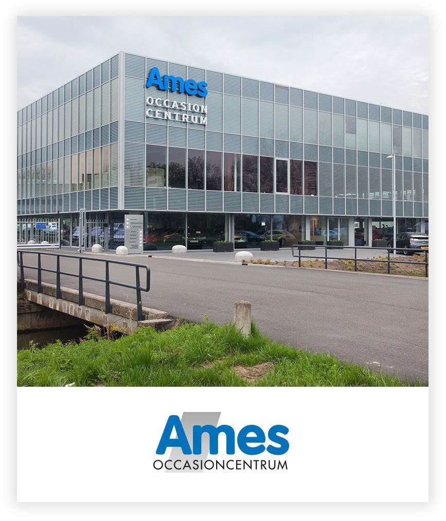 Ames occasioncentrum logo met Ames Occasioncentrum pand