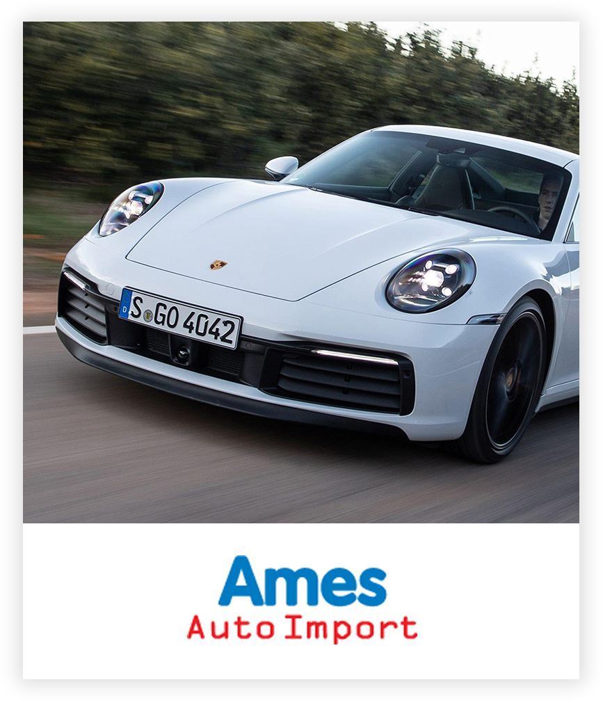 Amega Trade Import logo met witte rijdende Porsche